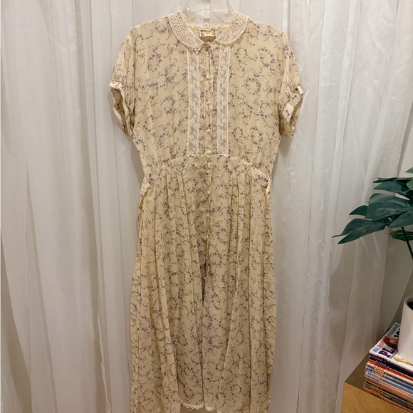Gunne Sax by Jessica McClintock Cream Floral Midi Dress with lace detail size 10 - Picture 2 of 11